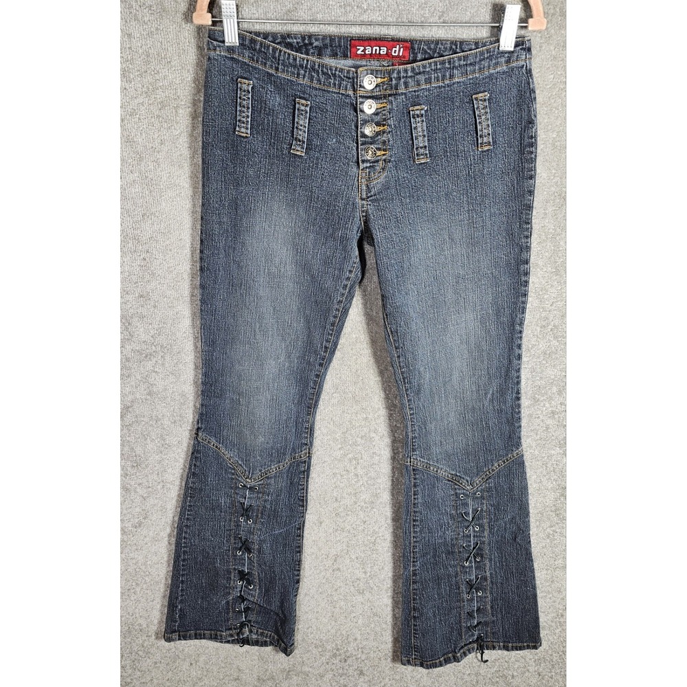 VTG Y2K Zana-Di Lace Up Flare Leg Jeans Juniors Sz 9 Blue Button Fly Hippie BOHO